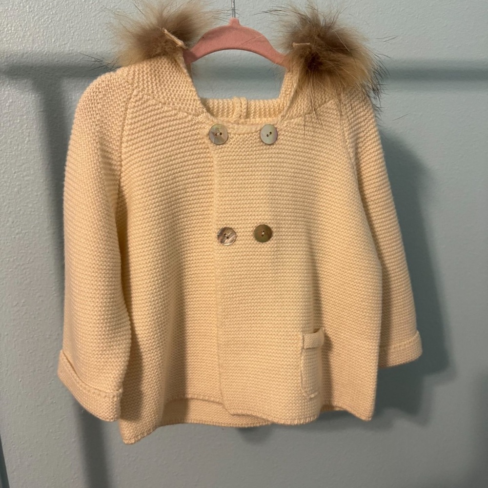 Cream Double-Breasted Knit Coat with Fur Trim